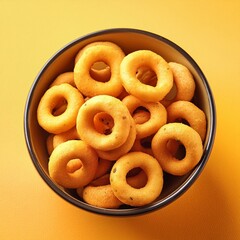 Round crunchy corn rings on yellow background 