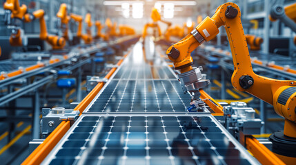 Naklejka premium Robotic machinery assembling solar panels in a solar panel manufacturing plant
