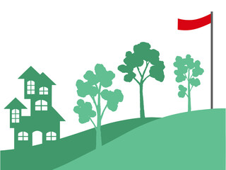 Indonesian Flag with Tree and House