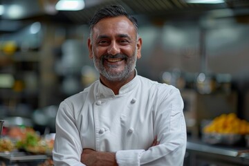 Fototapeta premium Professional Smiling Indian Chef with arms crossed standing in Kitchen