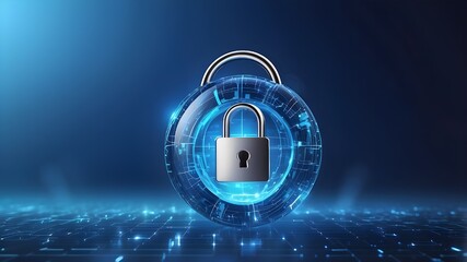 Futuristic Cyber Security Background with Padlock and Shield, Blue Dark Technology Background: Secure Internet Protection, Cyber Security Protection Shield: Secure Internet Concept, Dark Futuristic 