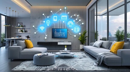 A modern living room with a focus on technology and smart home features.