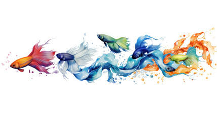Fototapeta premium Animals popular fishes pets aquarium freshwater fish banner panorama long - Collection of betta, guppy, neon tetra, isolated on white background, Generative AI