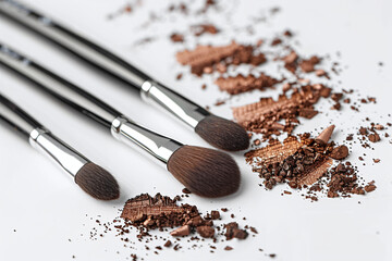 Make-up brushes with brown powder explosion isolated on white background banner with copy space area	