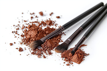 Make-up brushes with brown powder explosion isolated on white background banner with copy space area	
