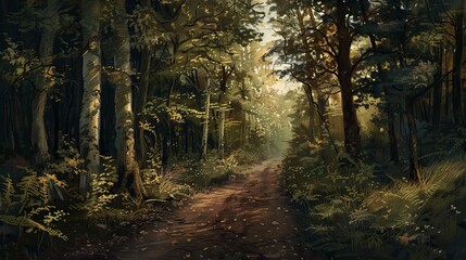 Obraz premium Forest path at sunset. Dirt path winding through a lush forest, sunlight filtering through the trees at sunset.