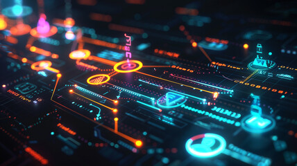 Fototapeta premium Digital network visualization with neon lights, symbolizing technology, data connectivity, and innovation.