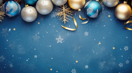 Christmas advent celebration holiday background banner panorama greeting card - Border ornament gold and blue christmas baubles balls on blue texture, table top view, Generative AI