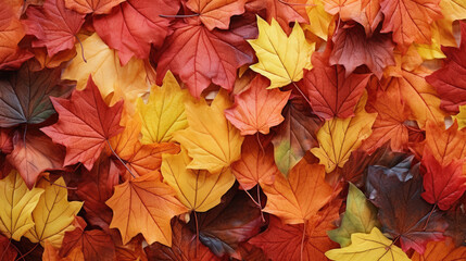 Autumn fall holiday seasonal texture background banner panorama long wallpaper, seamless pattern - Colorful fallen autumnal maple leaves, top view, Generative AI