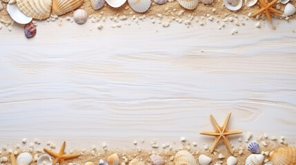 Obraz premium Summer vacation background greeting card - Frame made of various seashells, starfish and sand on white wooden table, top view, Generative AI