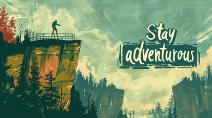 Stay adventurous travel illustration. Adventure travel illustration featuring a hiker standing on a cliff overlooking a forest, with the inspirational quote "Stay Adventurous".