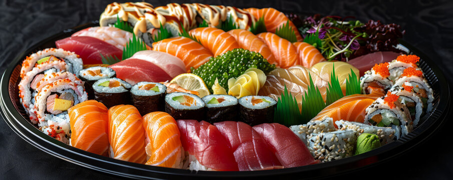 A sushi platter with colorful sashimi, nigiri, and maki rolls, arranged artfully on a black plate.