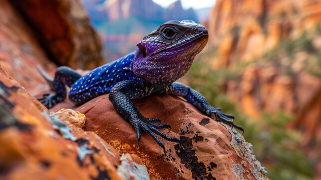 A blue and purple lizard on a rock.