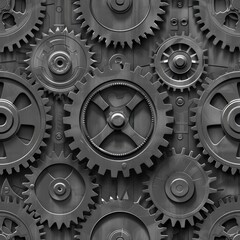A seamless pattern featuring interlocking metal gears of various sizes and shapes. The image is in grayscale and shows a close-up view of the gears, highlighting their intricate details and the comple