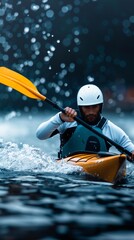 Canoeist crossing finish line in a sprint race, water droplets in motion, cheering crowd in background, dynamic energy, photorealistic style