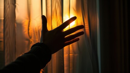 Obraz premium Yearning for Change - Hand Reaching Towards Dimly Lit Window in Hopeful Longing