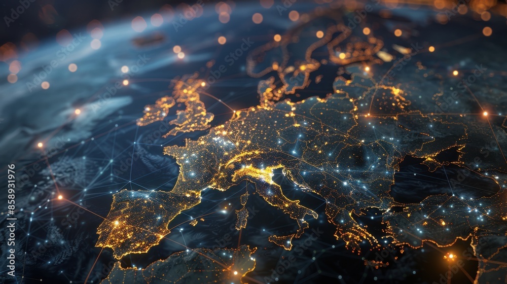 Aufkleber this image shows a nighttime view of europe with cities illuminated by lights. connected lines show 