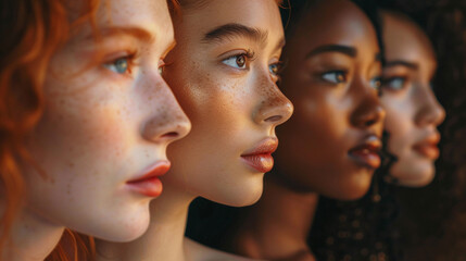 Obraz premium Face side shot of multiple portrait of attractive female fashion models with great skincare of all races, tones and style. Diverse group of beautiful women with natural beauty and glowing smooth skin.