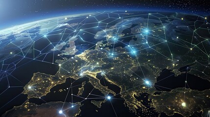 This image showcases a digital representation of the globe, focusing on Europe. A network of glowing lines connects numerous cities, symbolizing global connectivity and the flow of information through