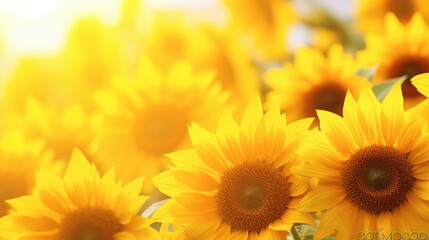 Summer sunflower flower background banner - Closeup of blooming sunflowers on field, Generative AI © Fang