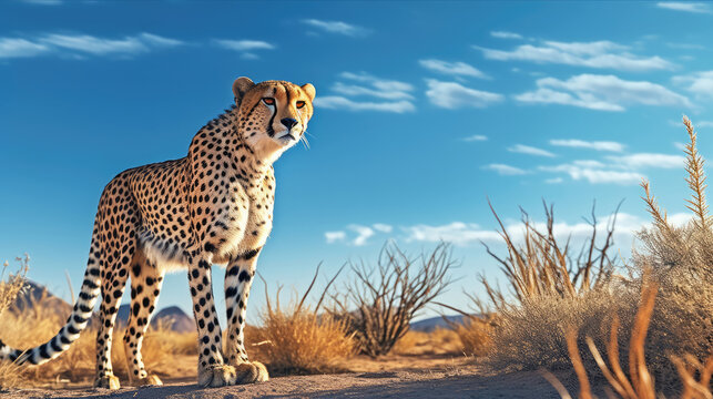 Wildlife safari landscape, african cheetahs animals africa banner panorama long -Standing cheetah in a park in namibia, Generative AI