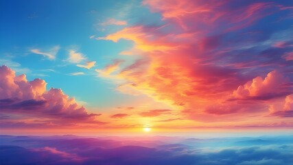 Obraz premium Fantasy vibrant panoramic sunset sky - Gradient rich colors - ethereal dreamy summer sunset or sunrise sky. Uplifting and peaceful sky. - blue, orange, yellow vibrant rich colors