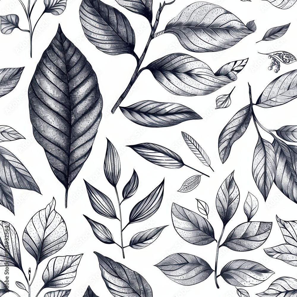 Poster This image features a seamless pattern of hand-drawn leaves in black and white. The leaves are depicted in a realistic style, with intricate details and textures. The pattern is perfect for use in a v