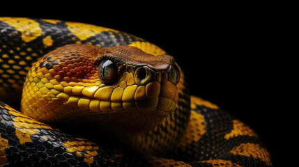 Fototapeta premium Animals reptiles snakes banner panorama long - Closeup of snake, isolated on black background, Generative AI