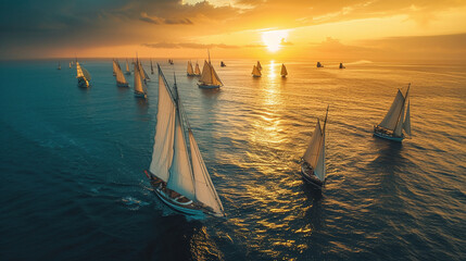 Regatta sailing ship yachts with white sails at opened sea, Aerial view of sailboat during sunset	
