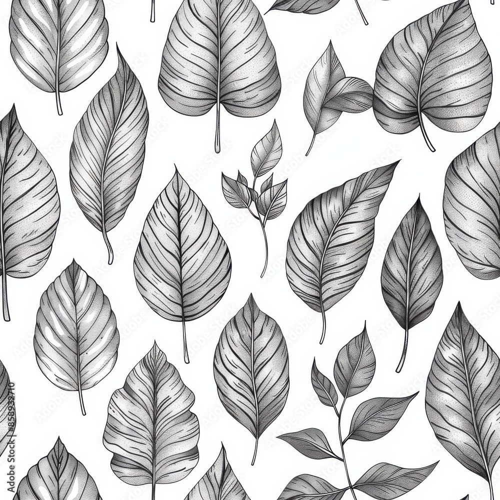 Poster This image features a seamless pattern of intricately detailed black and white leaves. The leaves are drawn in a realistic style, with visible veins and textures. The image is perfect for use in desig