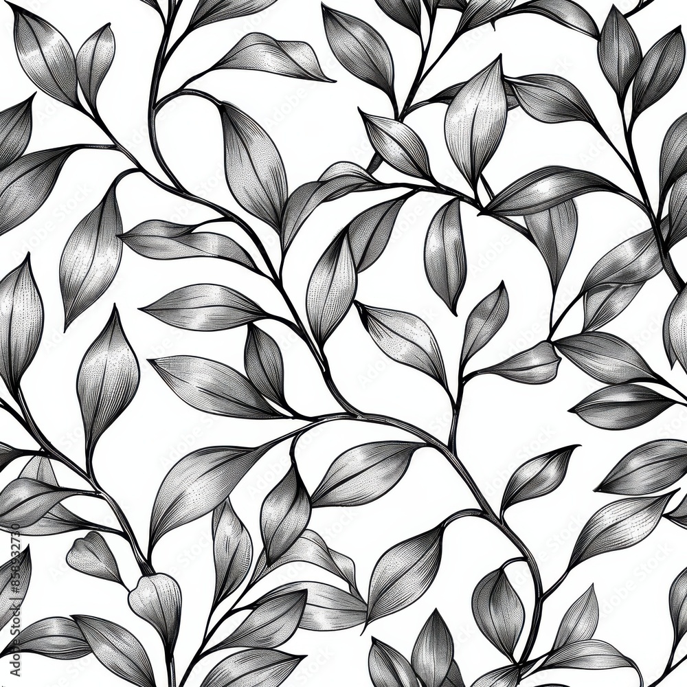 Poster A seamless pattern featuring intricately drawn black and white foliage. Delicate branches intertwine, showcasing a variety of leaf shapes and sizes. The pattern is perfect for adding a touch of elegan