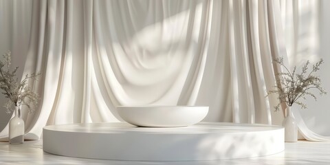 Minimalist White Podium with  Delicate Floral Arrangement