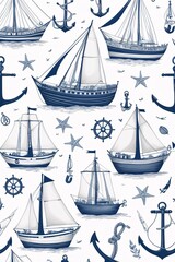 Seamless Nautical Pattern on White Background