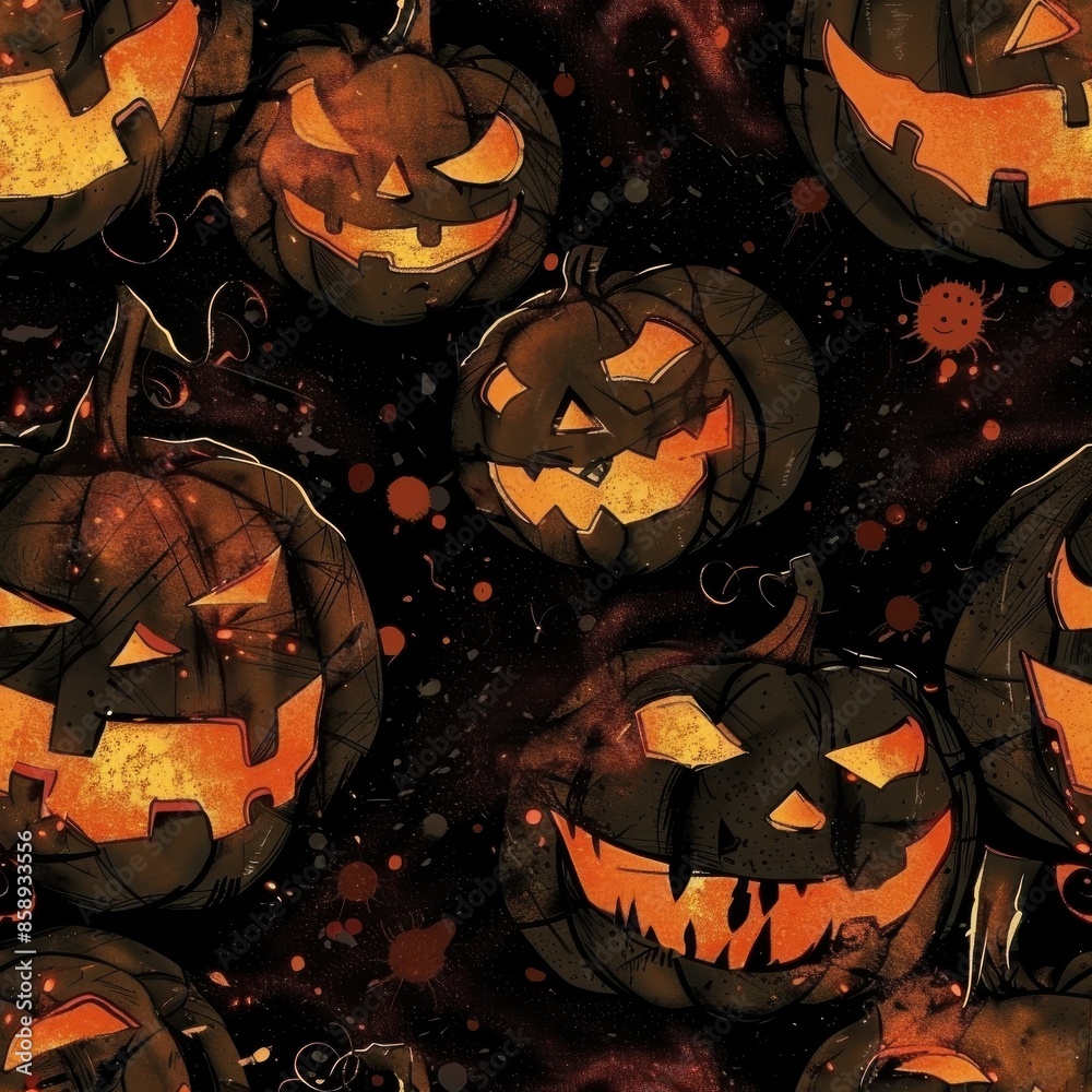 Poster This image features a close-up view of a repeating pattern of jack-o-lanterns on a dark background. The jack-o-lanterns are all carved with spooky faces and illuminated from within, creating a festive