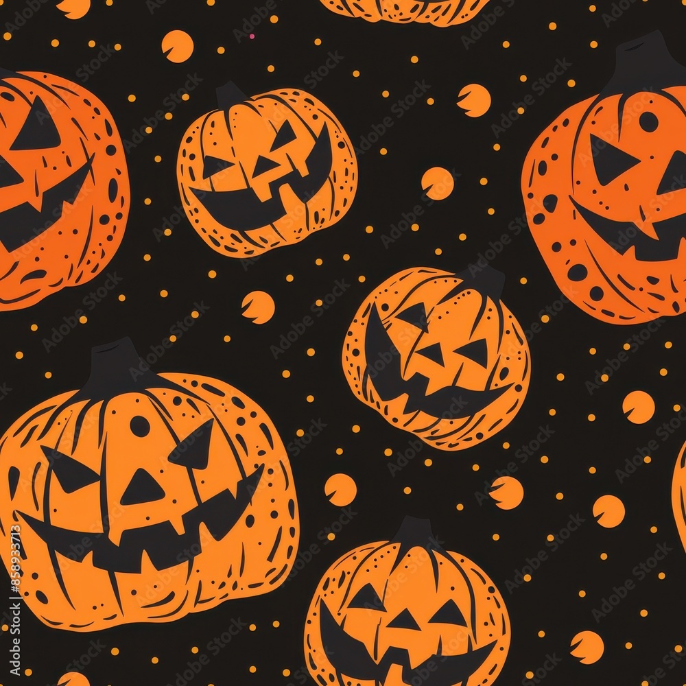 Aufkleber This image features a seamless pattern of jack o lanterns with orange dots on a black background. The jack o lanterns are drawn in a simple, cartoon style with big, toothy grins. The pattern is perfec