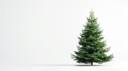 Naklejka premium A single green Christmas tree stands alone against a stark white background. The tree is in focus and appears to be freshly cut. The background is blurred, creating a sense of depth and isolation.