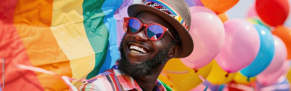 Poster a man wearing sunglasses and a hat is smiling in front of a rainbow flag. he is surrounded by many b