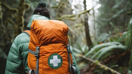 Obraz premium Exploring Wilderness A man Hiking with Vibrant Orange Backpack