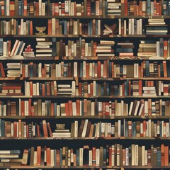 A full bookshelf with various genres and colors of books, organized in rows and columns. The bookshelf is made of dark wood and has a dark background, giving the books a prominent appearance. The book