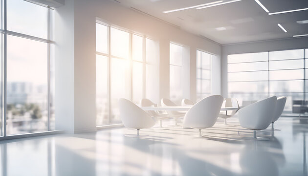 Blur background of bright office with white furniture and large windows. Modern white lounge or lobby. Minimalist and modern workplace design. Design for poster, wallpaper, banner, header.