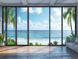 beautiful home interior space with black living room wooden floor with ocean seaside blue sky sea sand beach summer freshness travel season window view house design tropical style