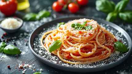 Spaghetti Napoli with parmesan cheese. Traditional italian dish. Close up	