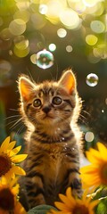 Fototapeta premium A kitten is sitting in the sun with sunflowers.