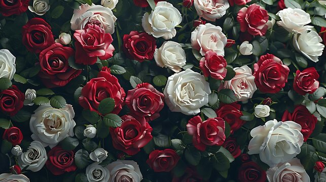 A collection set of vibrant red and pristine white roses displayed against a backdrop of lush greenery, each bloom captured in exquisite detail by an HD camera