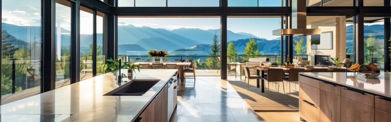 Fototapeta premium A large, open kitchen with a view of the mountains. The kitchen is well-lit and has a modern design