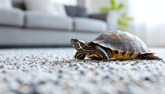 Detailed view of a turtle slowly crawling across a patterned carpet in a cozy living room