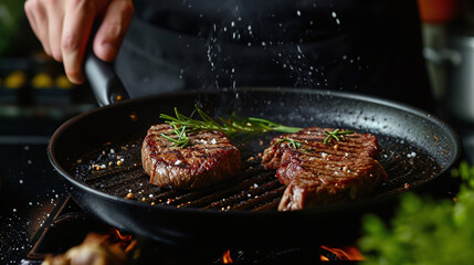 Cooking beaf steak on grill pan with rosemary by chef hands on dark background