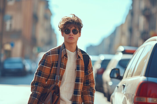 Portrait of handsome stylish hipster male model. Young modern man casually dressed shirt and white blouse. Fashion male posing on street background in Europe city at sunset. In sunglasses