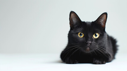 Obraz premium Black cat sits on a white background. Studio shoot 