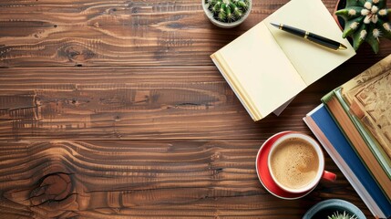 Coffee Break on a Wooden Table with Books and Cacti